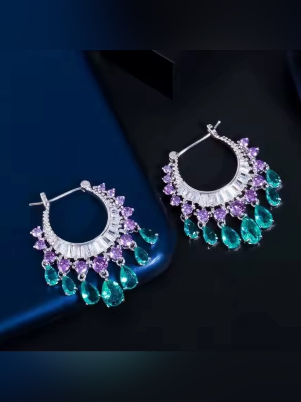 Silver Hoop Earrings with Emerald Green Drops and Amethyst Accents